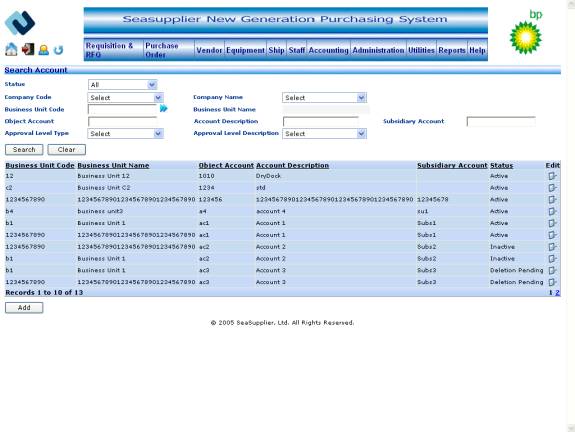 Account Master Maintenance Search Account Screen