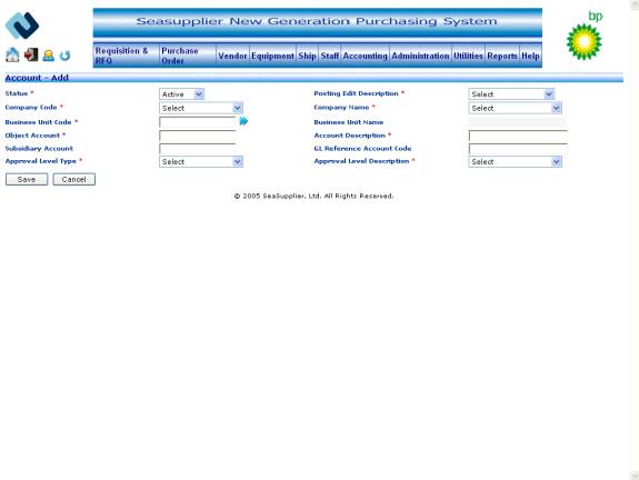 Account Master Maintenance Add/Edit Account screen
